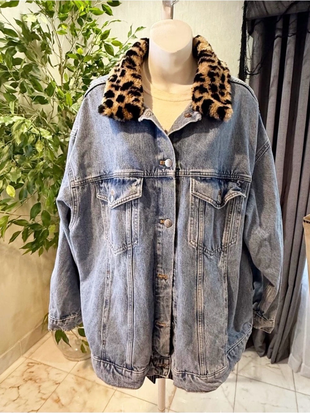 Pilcro Light Blue Denim Jacket with Leopard Faux-Fur Collar Accent